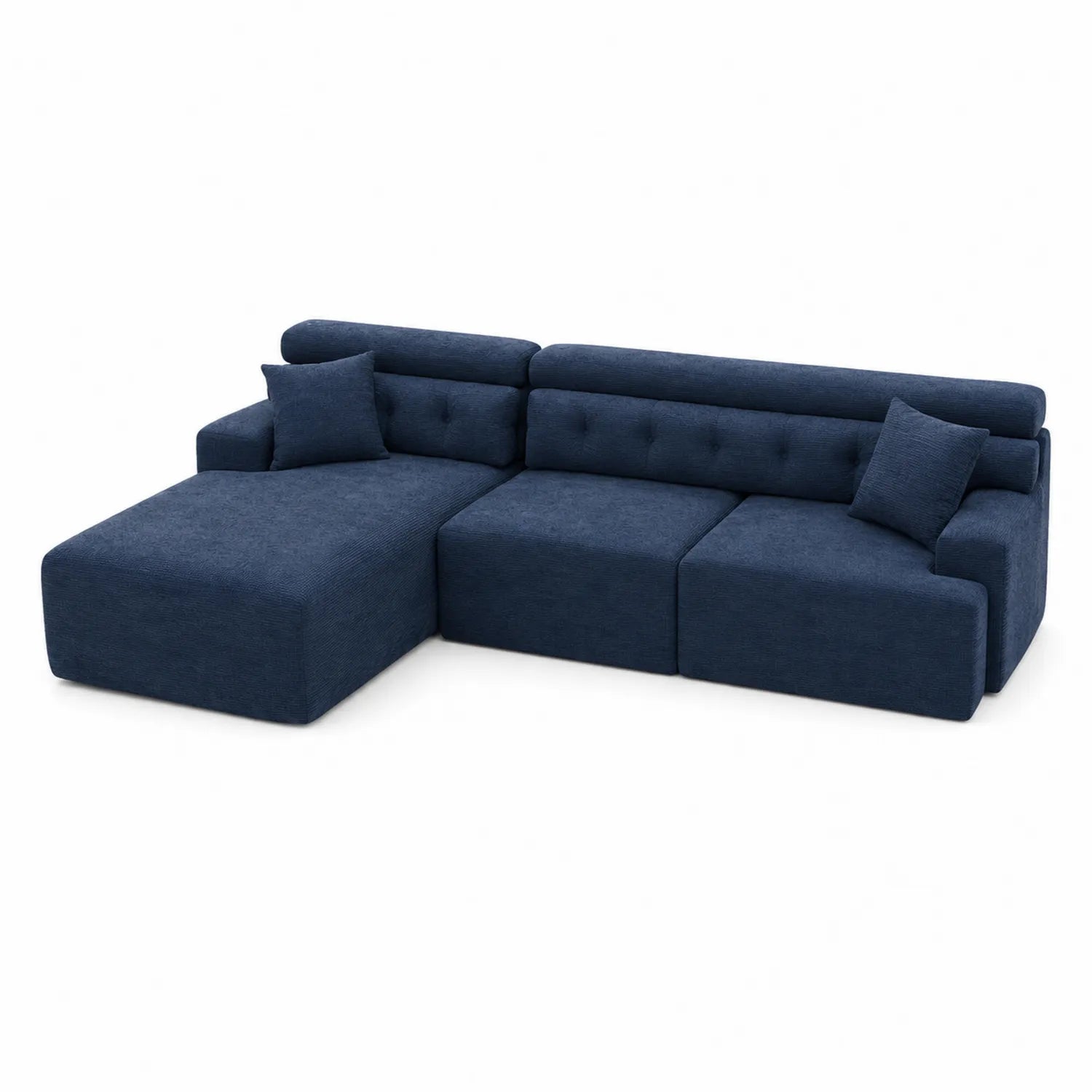 Canapé d'angle modulable en tissu bleu avec méridienne