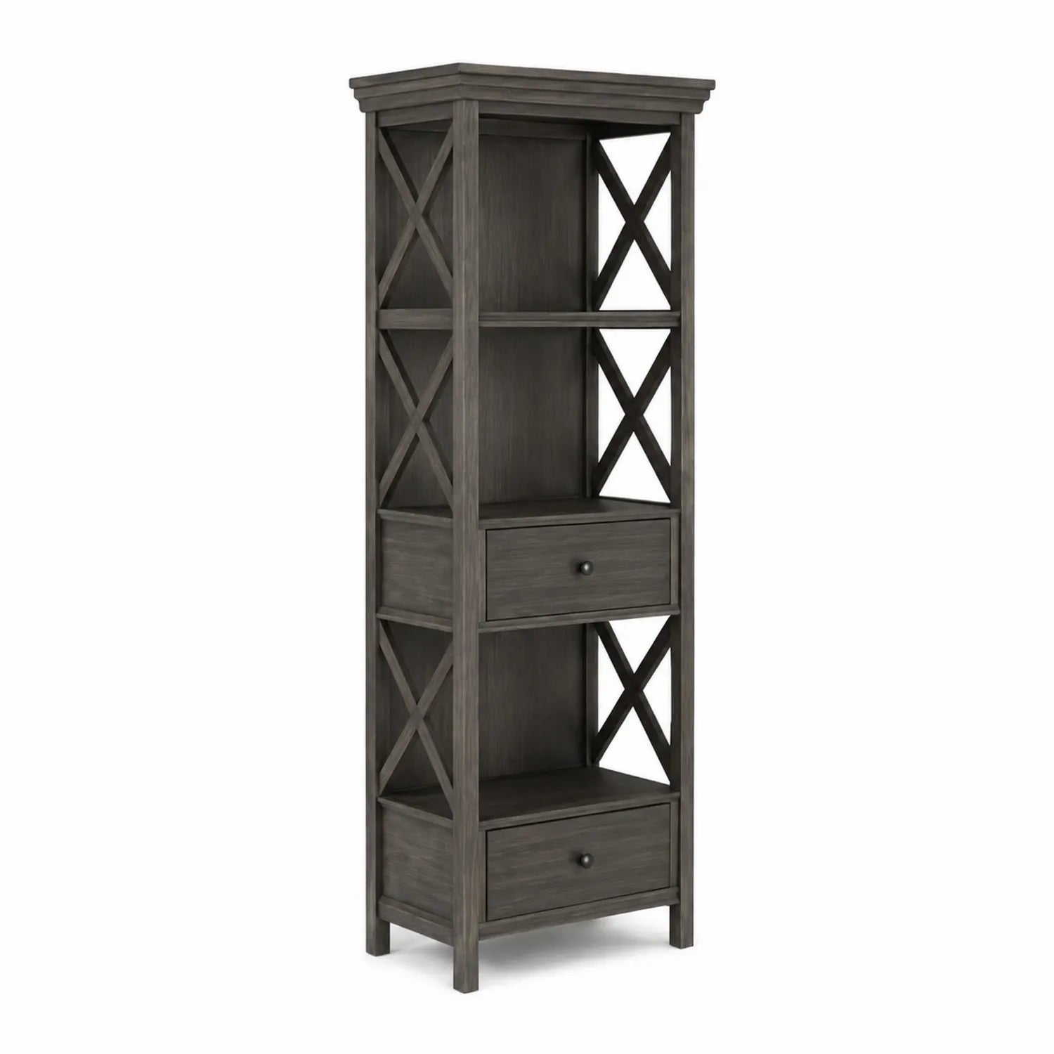 Bibliothèque en bois massif gris avec étagères et tiroirs