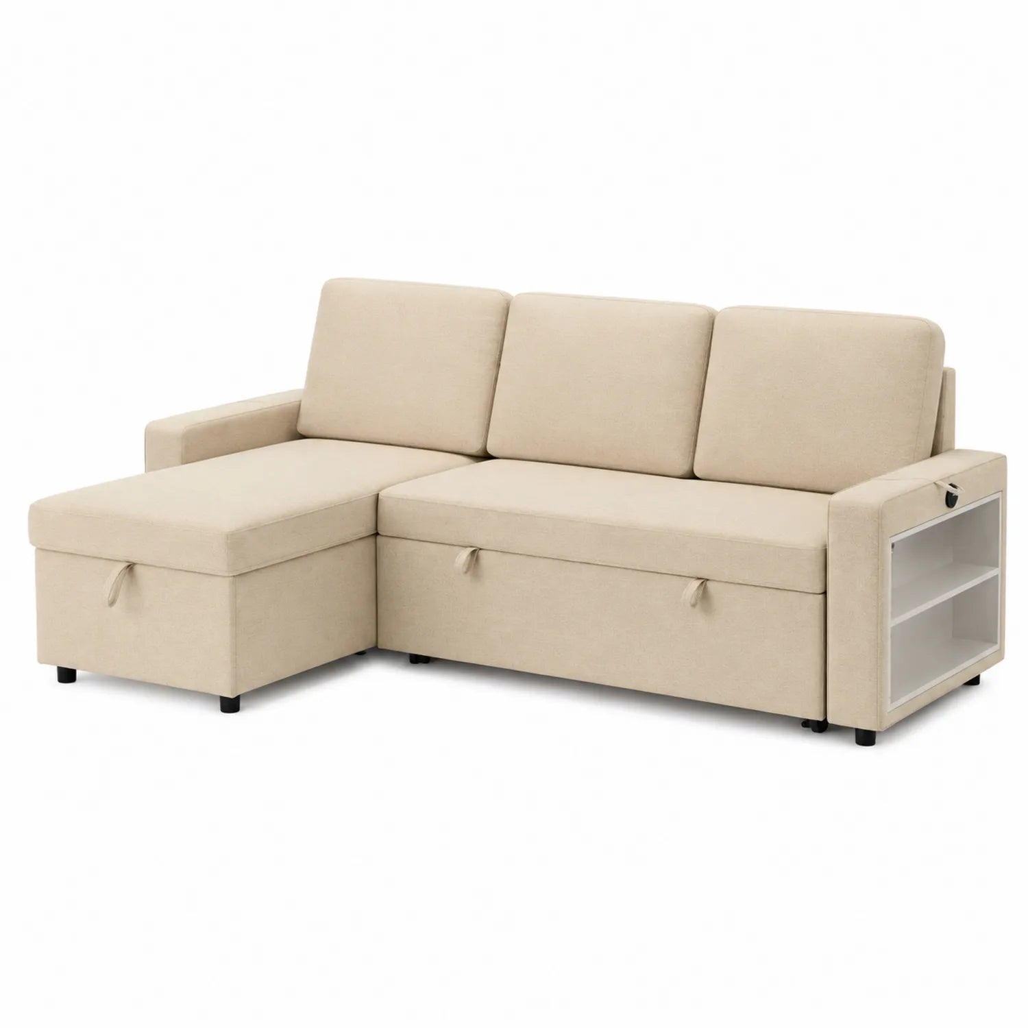 Canapé d'angle convertible avec rangement en tissu beige