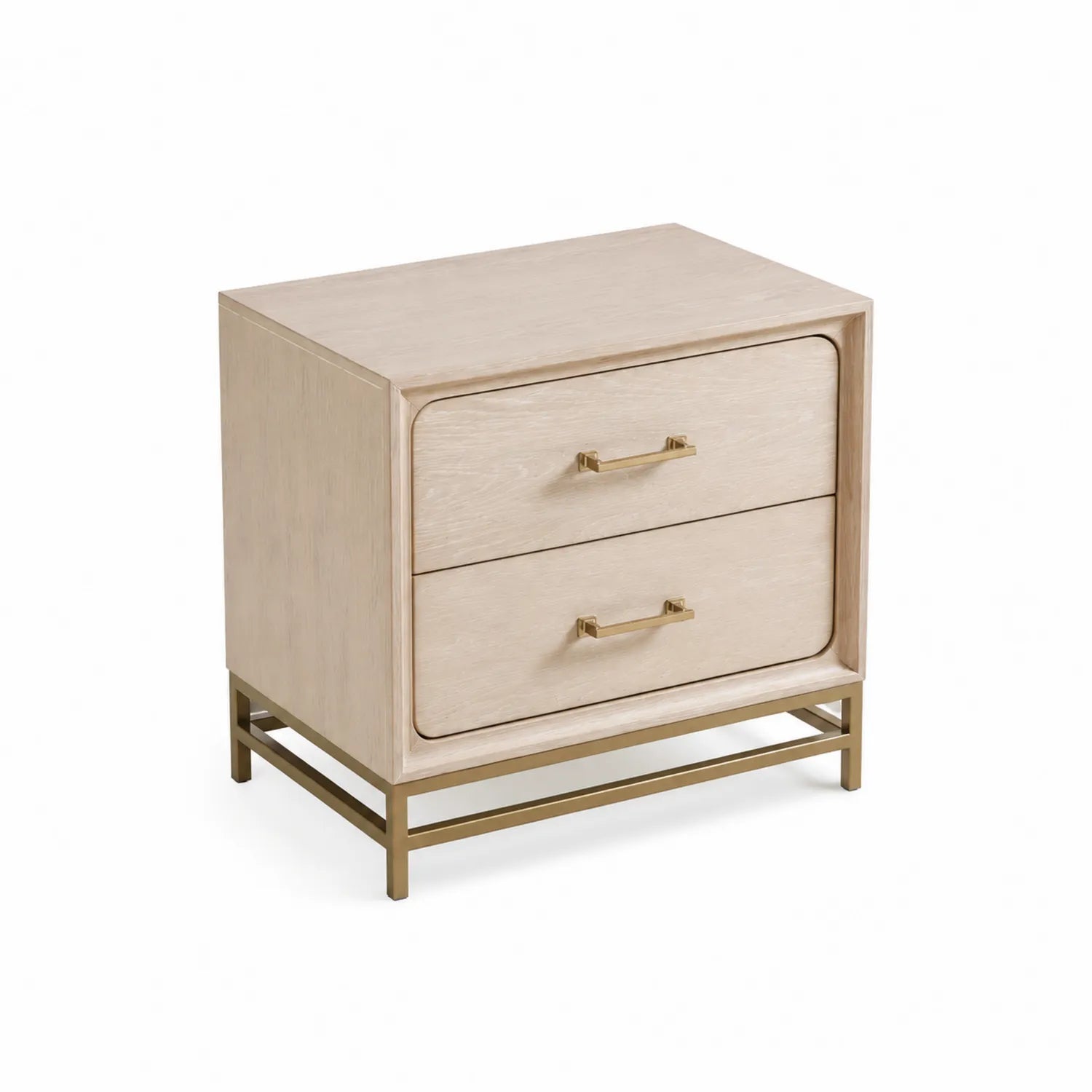 Table de chevet en bois de chêne clair avec tiroirs et base en métal doré